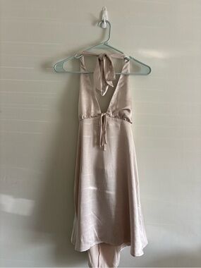 Champagne Satin Halter Tie-Back Mini Dress